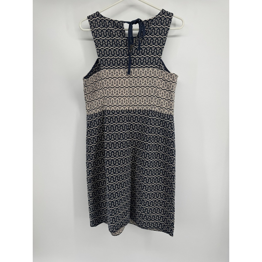 LOFT Navy Blue Cream Geometric Jacquard Sleeveless Shift Dress Womens 8 Tie Back - Picture 5 of 8
